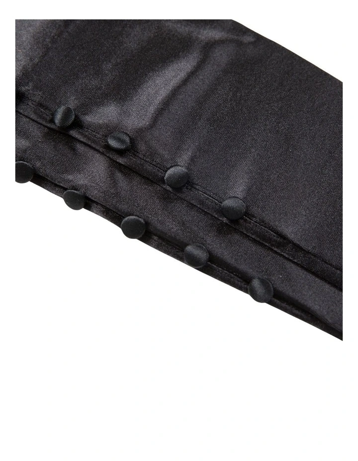 Satin Elbow Length Gloves with Button Trim in Black