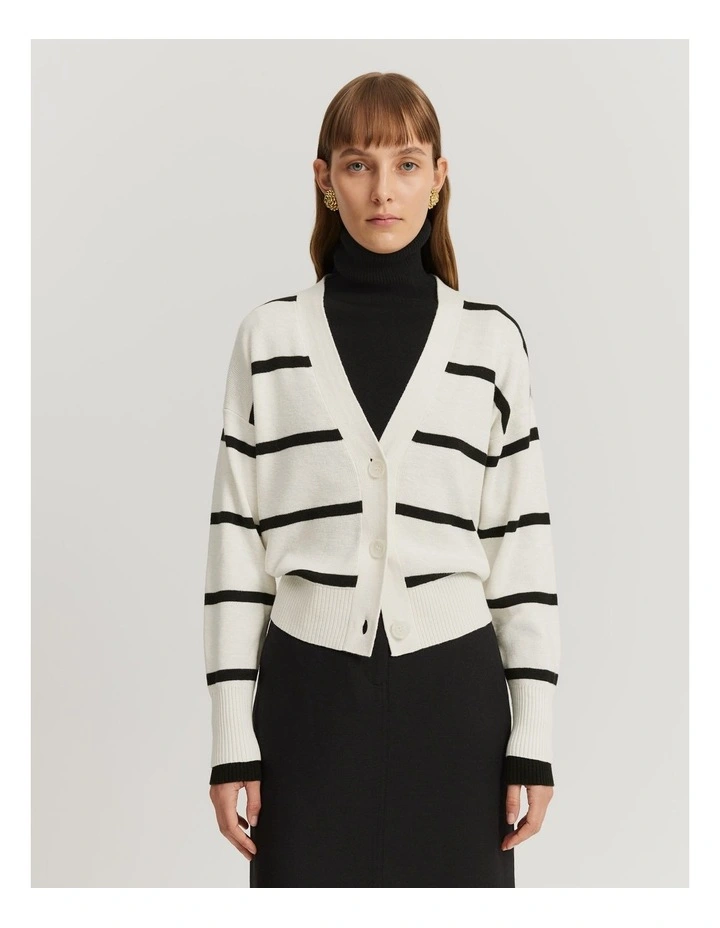 Organically Grown Cotton Linen Blend Stripe Cardigan in Black Stripe