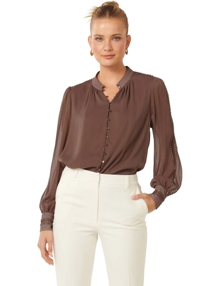 Simona Trim Sleeve Blouse in Brown