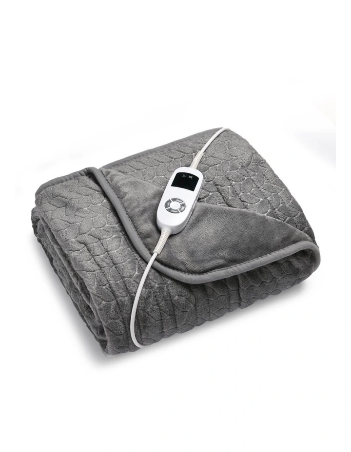 Embossed Coral Fleece Heated Throw Blanket 120x160cm in Grey Leaf