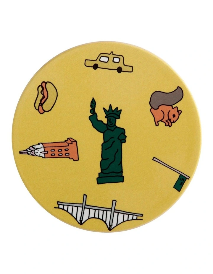 Megan McKean Cities Ceramic New York Round Coaster 10.5cm in Yellow
