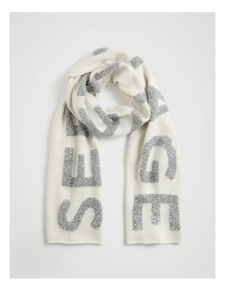 Branded Metallic Scarf in Cream