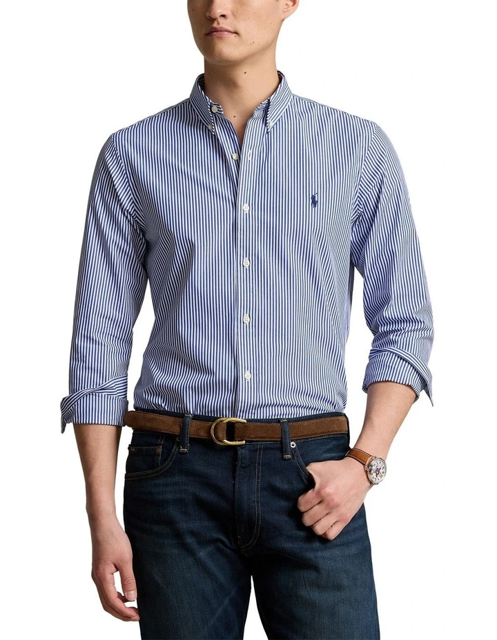 Slim Fit Striped Stretch Poplin Shirt in Blue