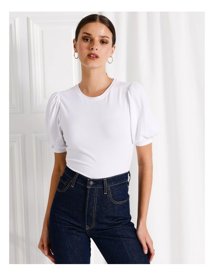 Organic Cotton Blend Puff Sleeve Tee in White