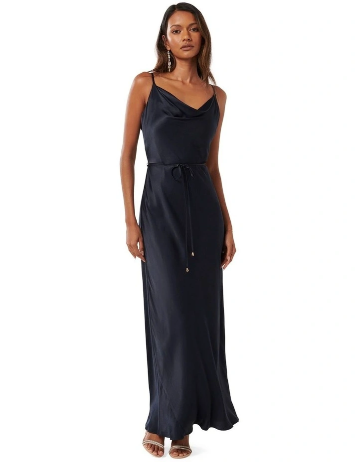 Lucy Satin Cowl Maxi Dress in Navy