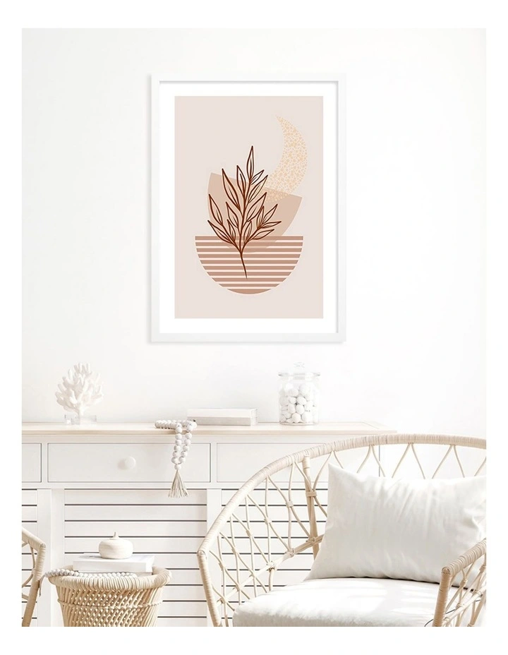 Australian Made Boho Plant Lines 3 Art Print A2 in White Frame