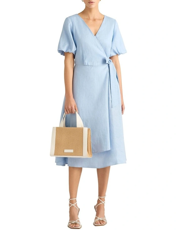 Clea Linen Wrap Dress in Blue