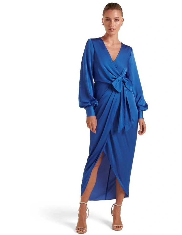 Mirella Wrap Satin Midi Dress in Blue