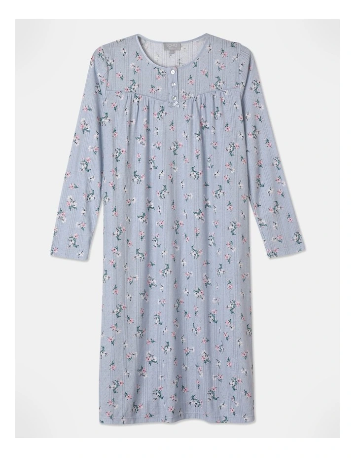 Pointelle Long Sleeve Nightie in Blue Floral
