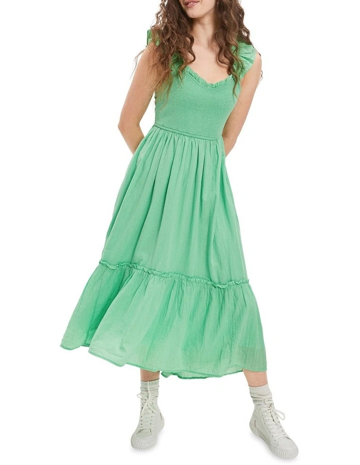 Flutter Sleeve Smocked Midi Dress in Green