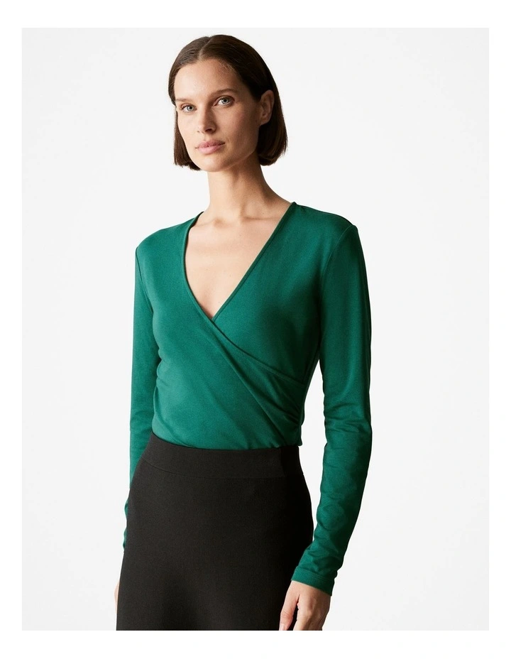 Cotton Modal Long Sleeved Wrap T-shirt in Dark Green