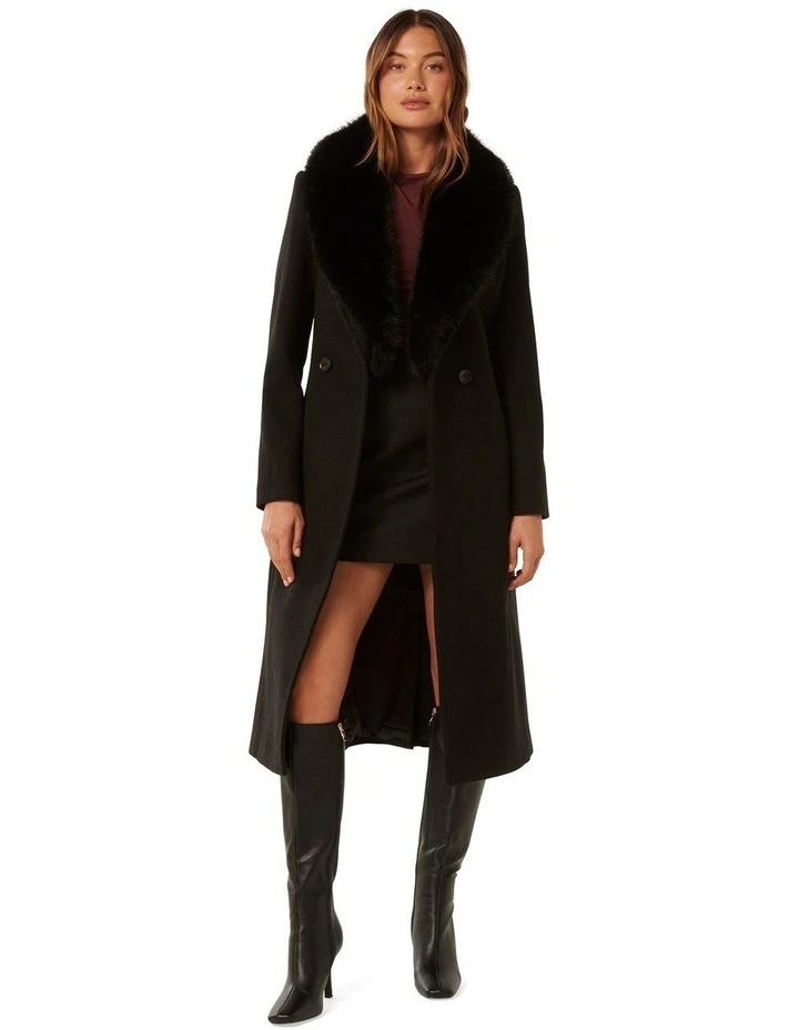 Monica Fur Collar Wrap Coat in Black