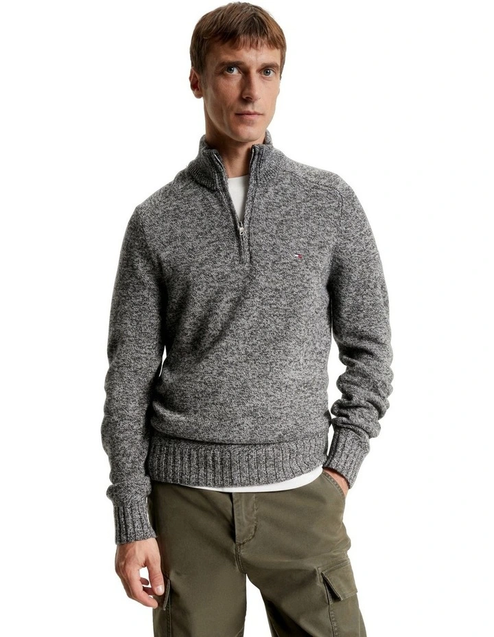 Multi Heather Merino Zip Mock Knit in Grey