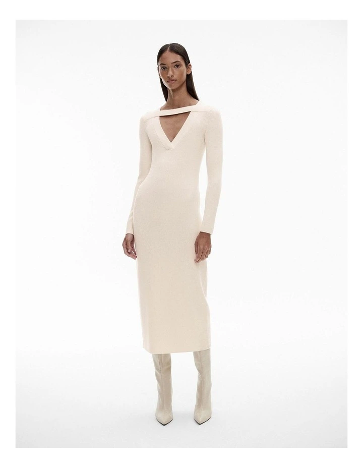 Knit V Neck Cut Out Dress in Cream