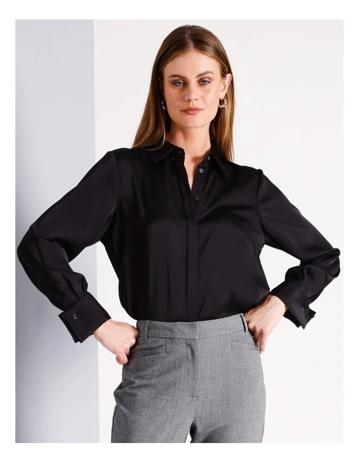 Recycled Polyester Satin Turn Back Cuff Shirt in Black