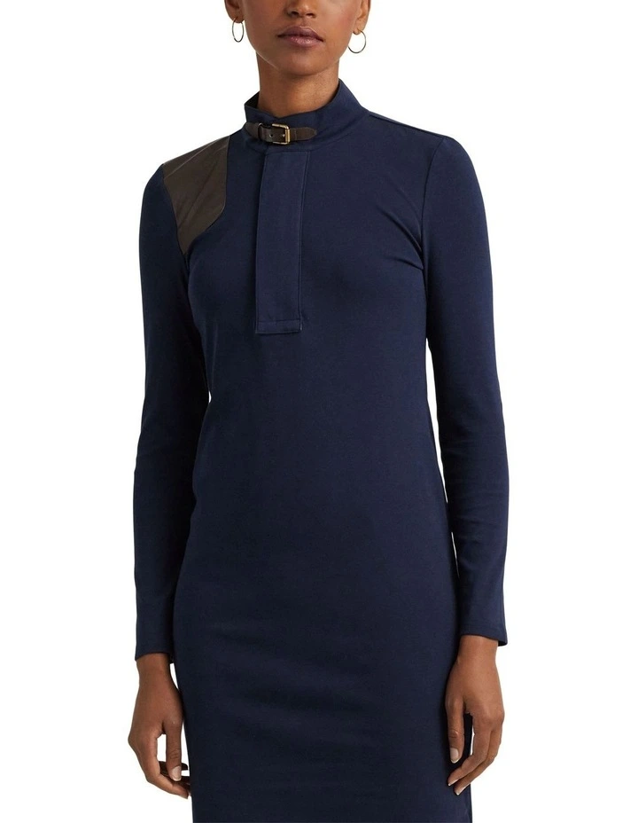 Faux Leather Trim Stretch Cotton Dress in Blue