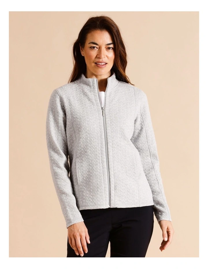 Recycled Polyester Blend Zip Thru Circle Jacquard Sweat Top In Grey Marle