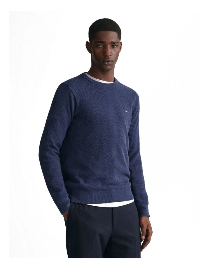 Cotton Pique Crew Neck Sweater in Marine Melange