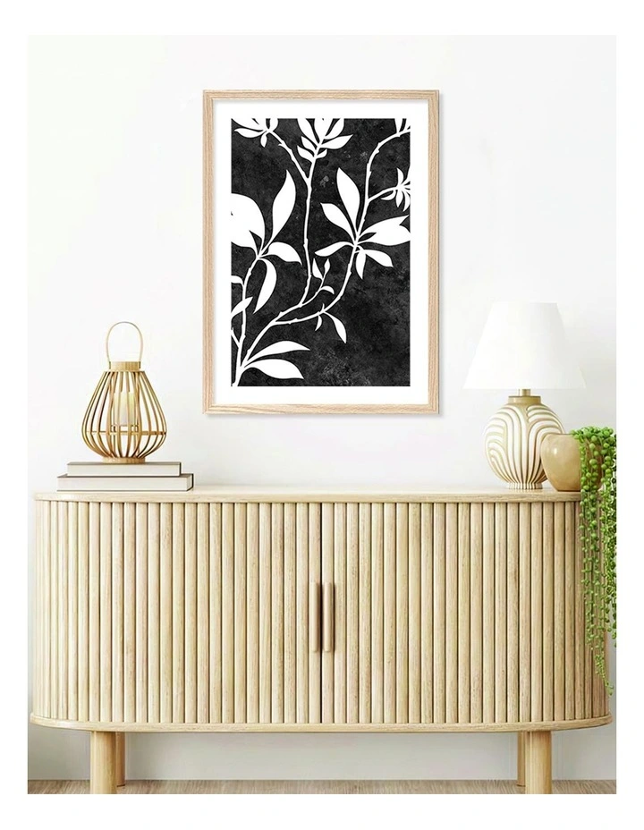 Australian Made Silhouette Branch Leaves Night Art Print A2 in Natural Frame