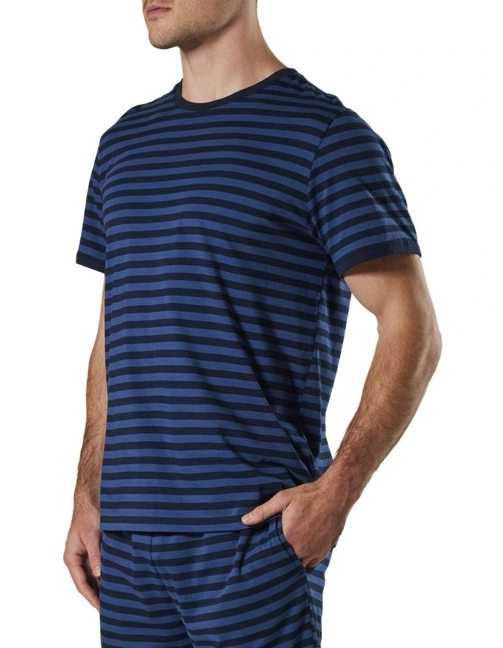 Stripe Cotton Knit Sleep Tee in Denim
