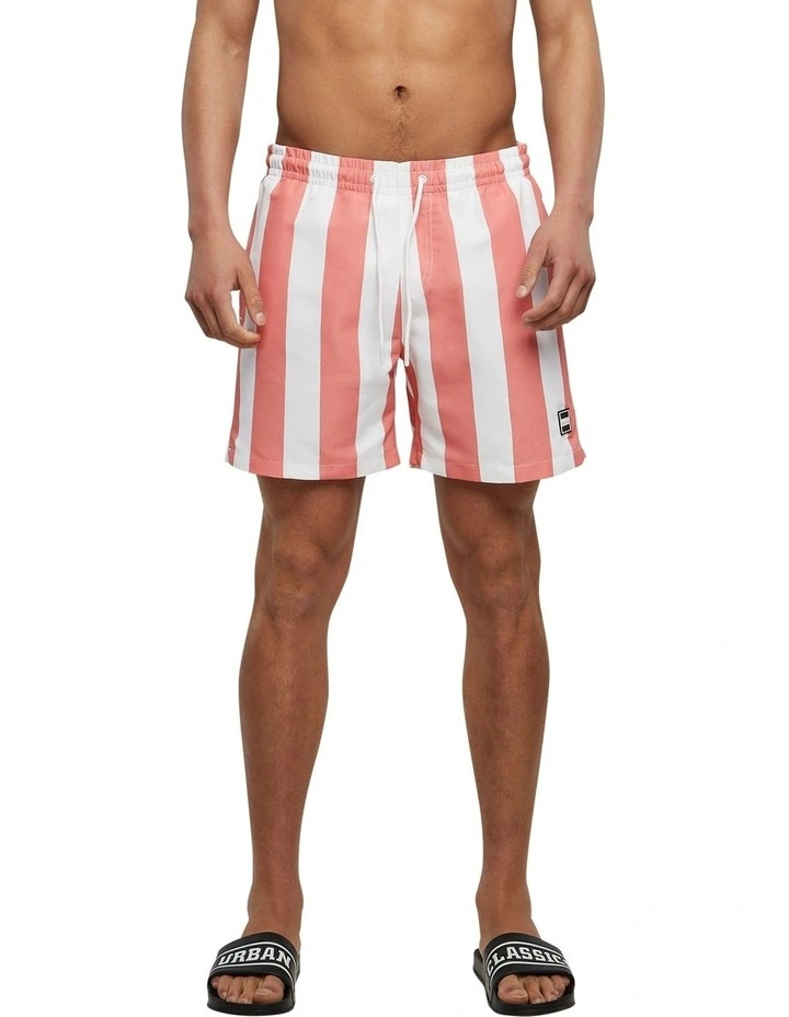 Pattern Swim Shorts in Pale Pink Bar Stripe