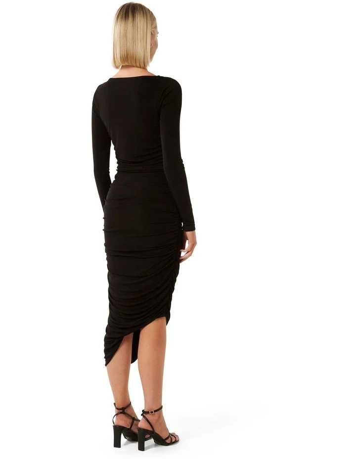 Kayla Ruched Asymmetrical Neck Midi Dress in Black