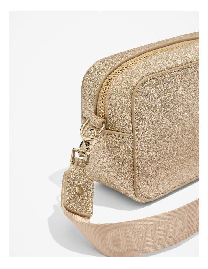 Recycled Polyester Logo Crossbody Bag in Gold Glitter