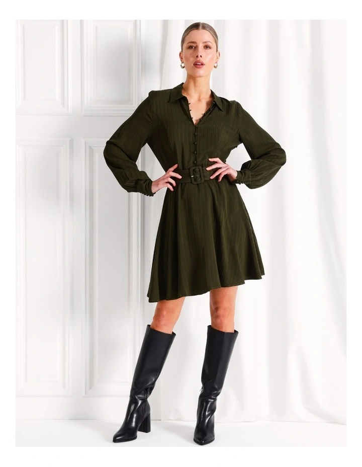 Long Sleeve Mini Shirt Dress in Khaki