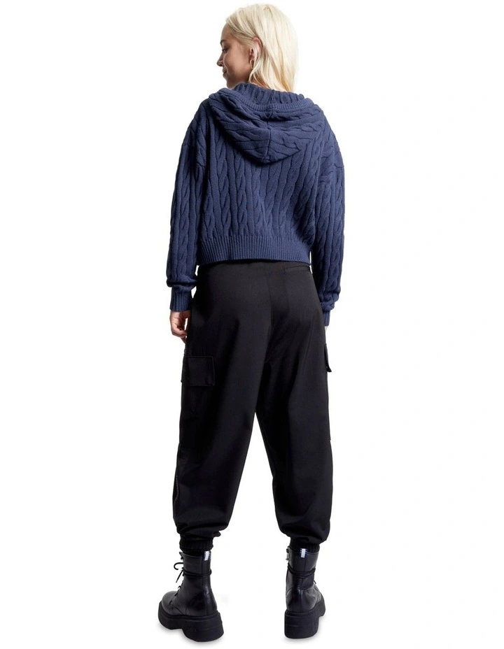 Cropped Cable Knit Flag Badge Hoodie in Blue