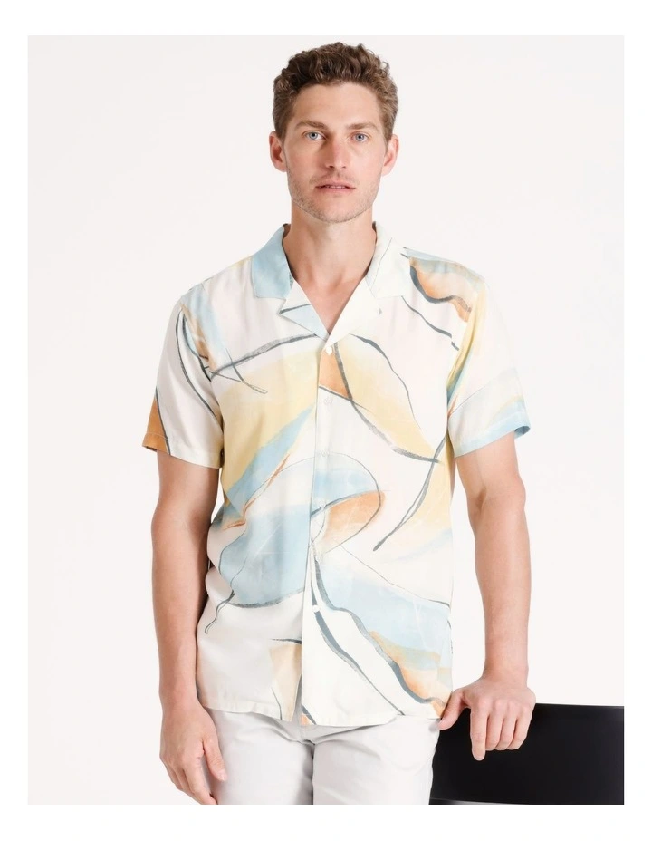 Devon Abstract Print Short Sleeve Viscose Shirt in White