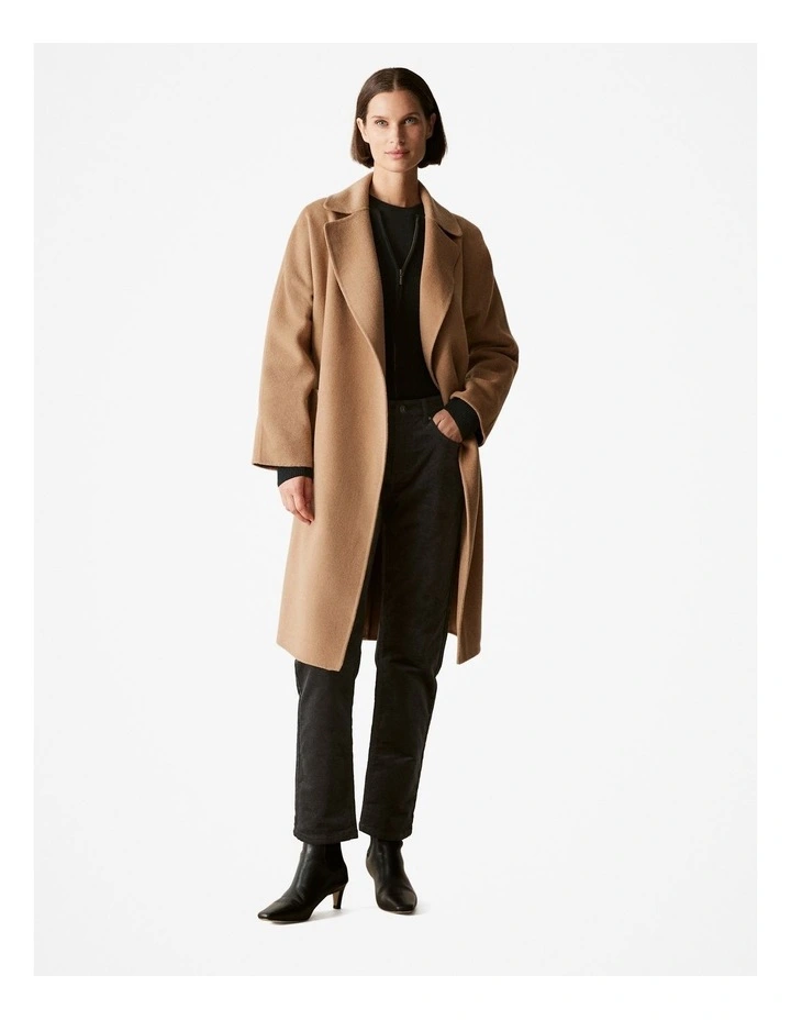 Double Faced Wool Belted Wrap Coat in Camel