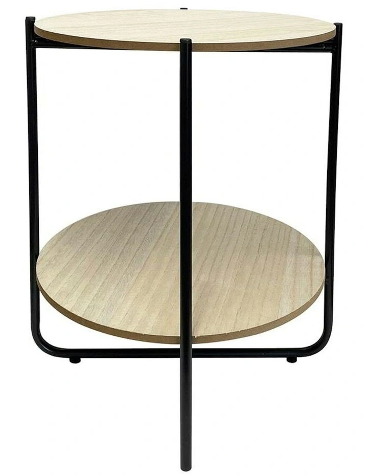 Round Metal MDF Side Table With Shelf in Brown