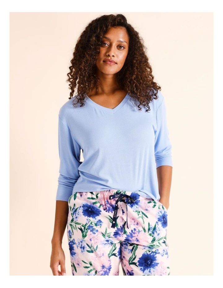 Rib Long Sleeve Top in Light Blue