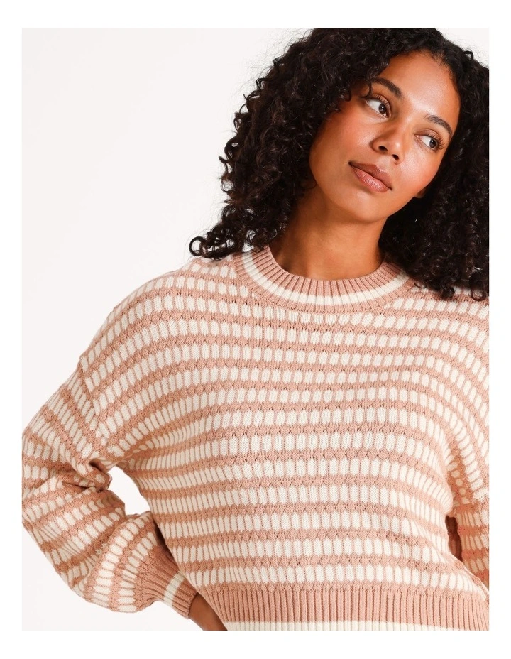 Two Tone Crew Neck Knit Jumper in Mahogany Rose/Eggnog