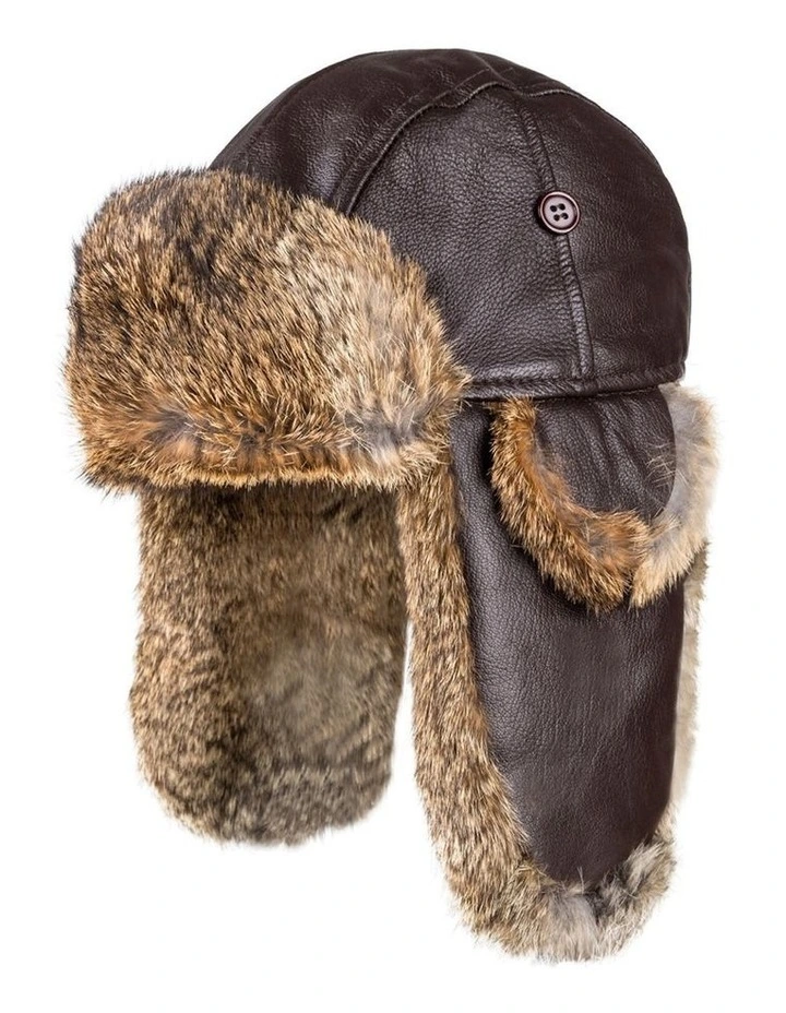 Ugg Vintage Rodeo Leather Rabbit Fur Aviator Hat in Brown