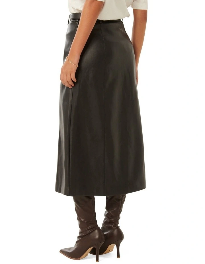 Katy Vegan Leather Belted Midi Skirt in Black