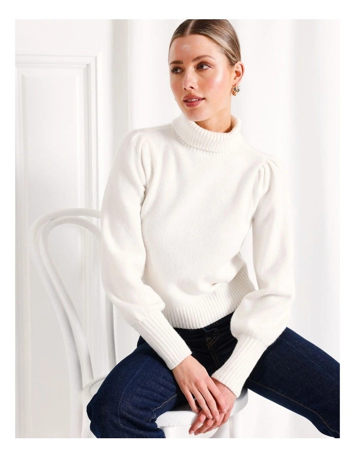 Recycled Blend Lofty Roll Neck Blouson Sleeve Jumper in White