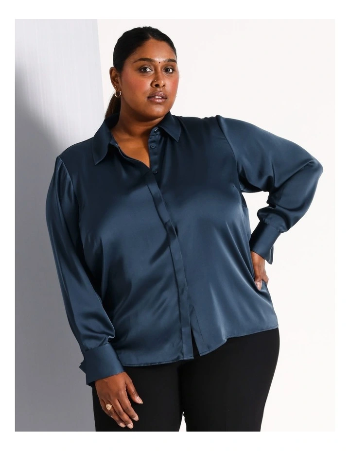 Recycled Polyester Satin Turn Back Cuff Shirt in Airforce