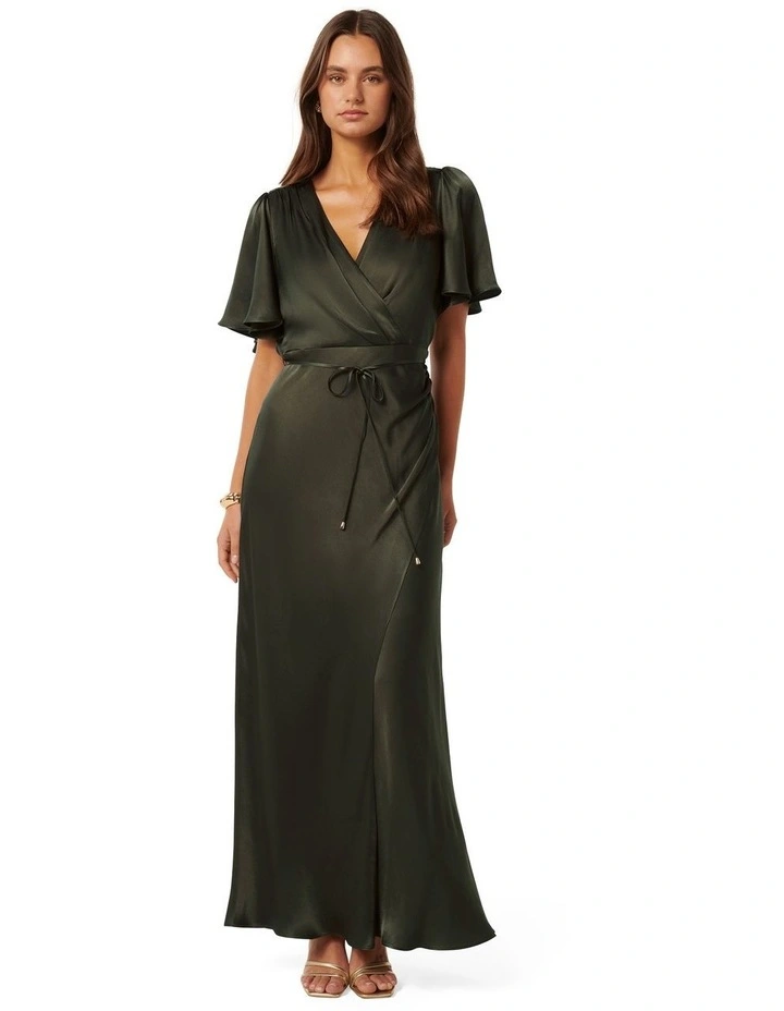 Chelsea Flutter Sleeves Satin Maxi Dress in Green