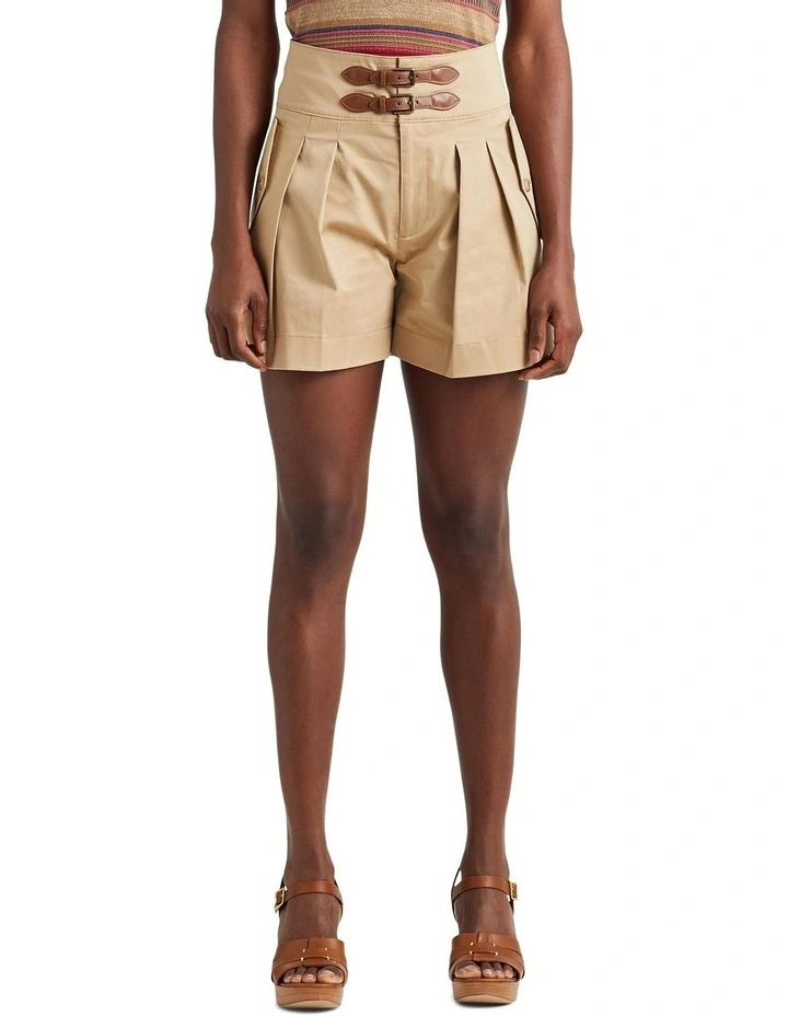 Buckle-Trim Sateen Short in Beige