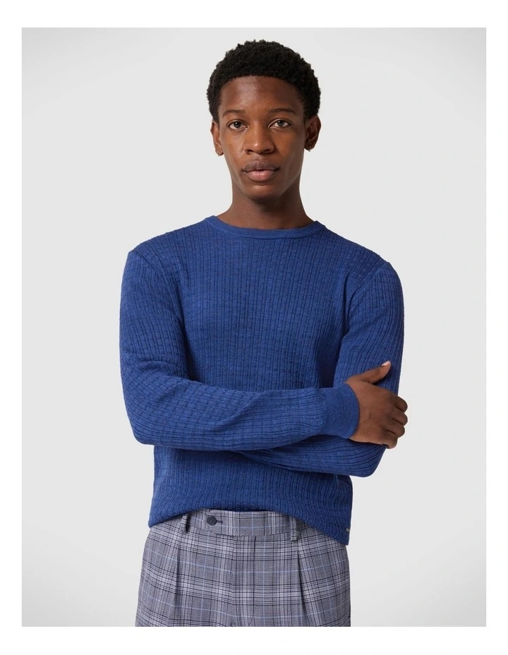 Merino Wool Long Sleeve Crew Knit in Denim