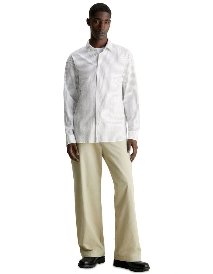 Slub Stripe Stretch Slim Fit Long Sleeve Shirt in Beige