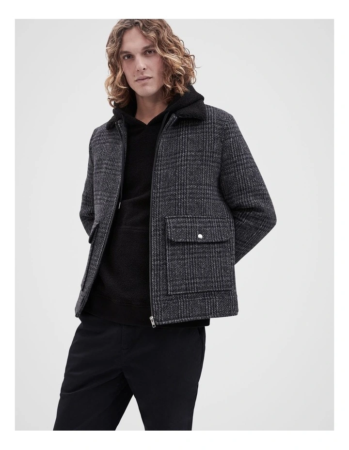 Check Melton Sherpa Jacket in Black