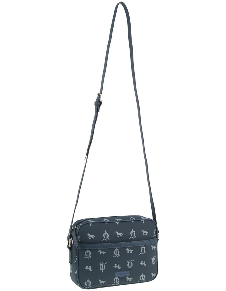 Canvas Print Leather Trim Square Cross-Body Bag in Sky Blue