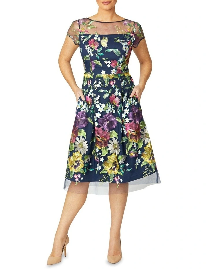 Hannah Floral A-Line Dress in Navy