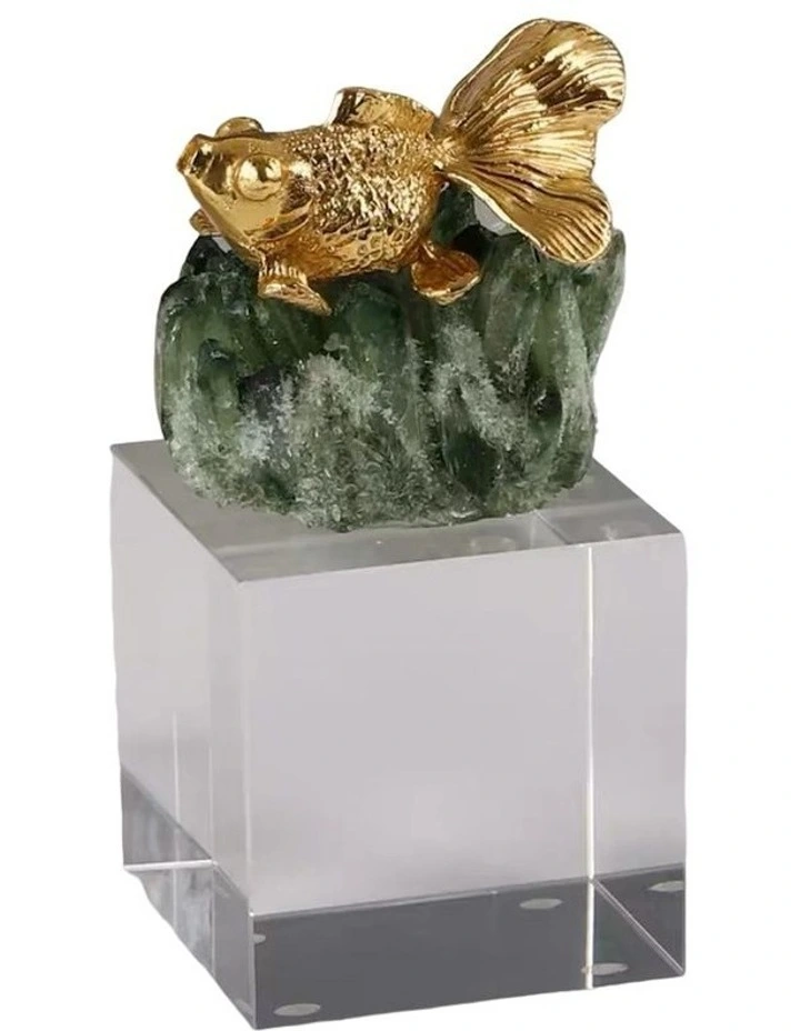 Exclusive Design Medium Luxurious Goldfish Natural Crystal Table Art in Gold