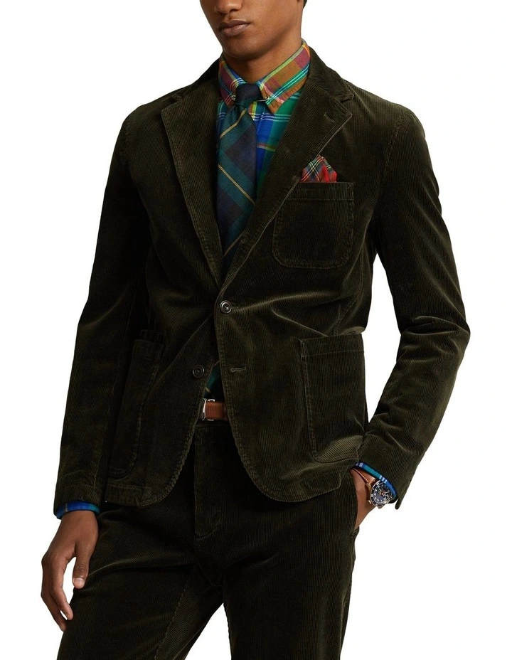 Washed Stretch Corduroy Suit Jacket in Green