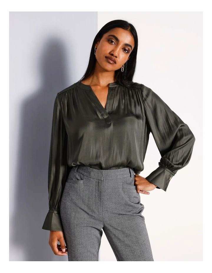 Recycled Polyester V-Neck Satin Blouse in Khaki