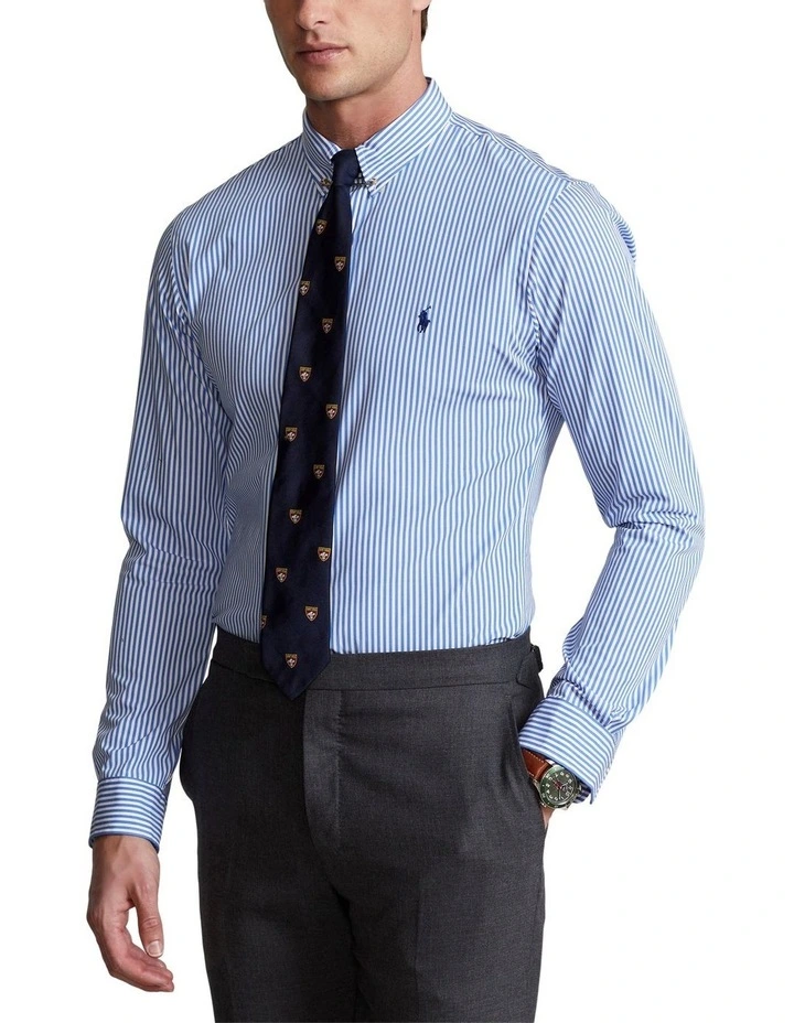 Classic Fit Striped Stretch Poplin Shirt in Blue