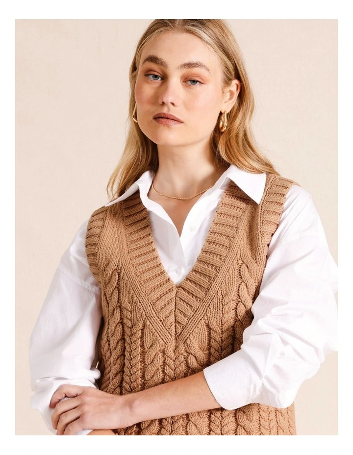 Oversized Cable Knit Vest in Tan